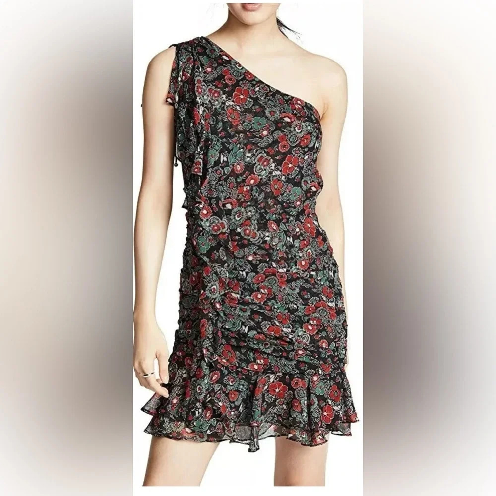 Veronica Beard Black One-Shoulder Floral Ruffle Mini Dress